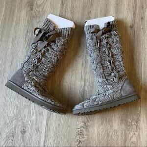 UGG Australia Mahalya Grey Tall Knit Sweater Pull On Sock Boots Size 7 NWOT